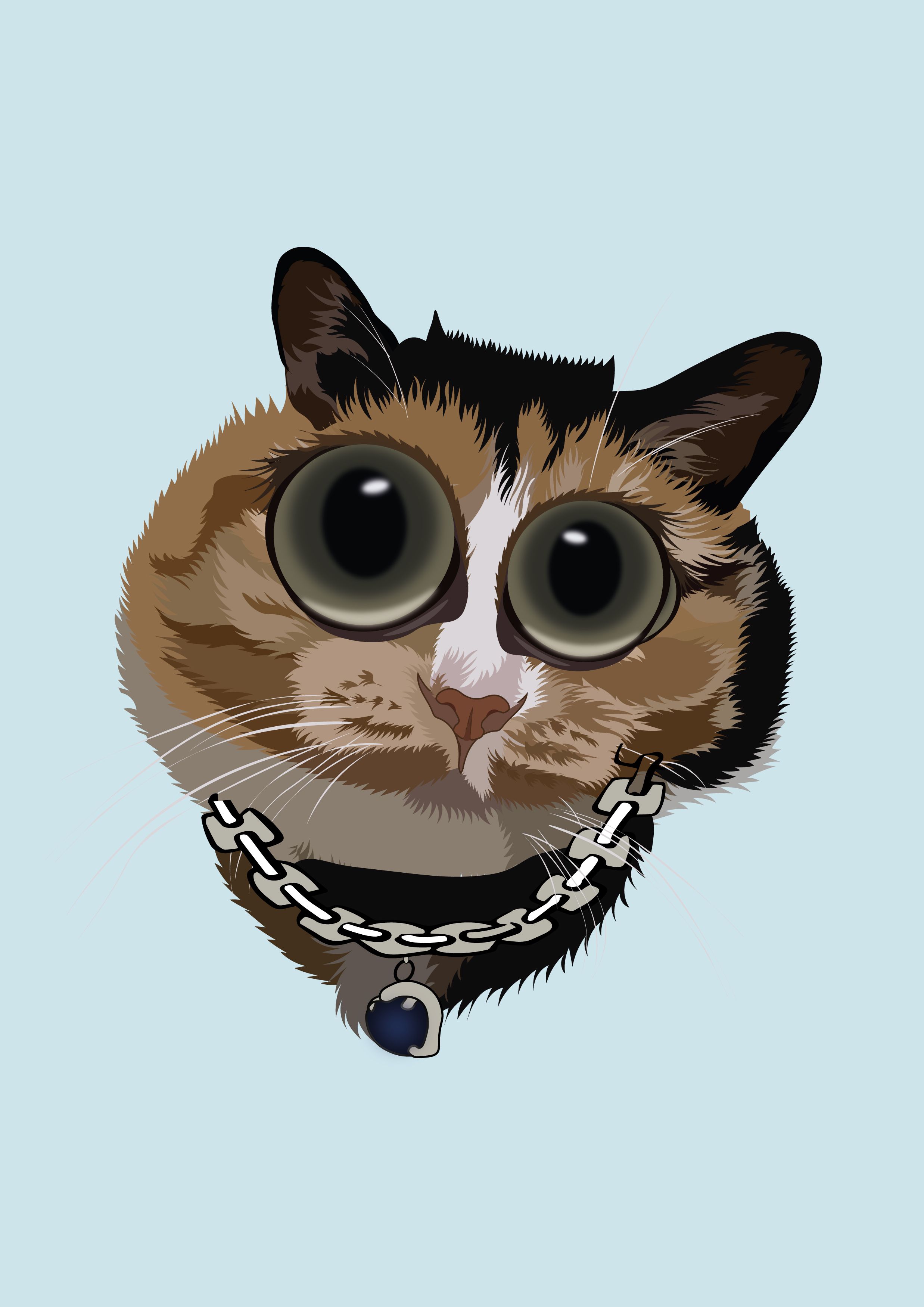Humorous calico cat with chain pendant vector portrait